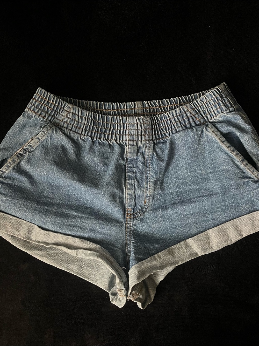 Light Blue Denim Elastic Waist Rolled Hem Shorts